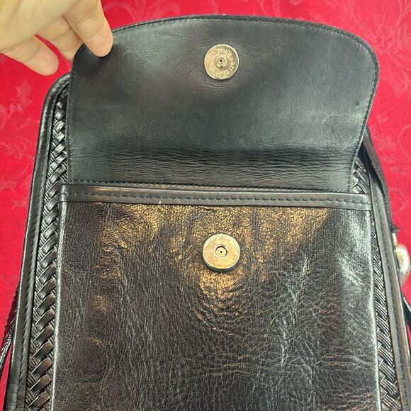Vintage Brighton Black Leather Crossbody Messenger Bag Braided Pattern - Picture 7 of 15